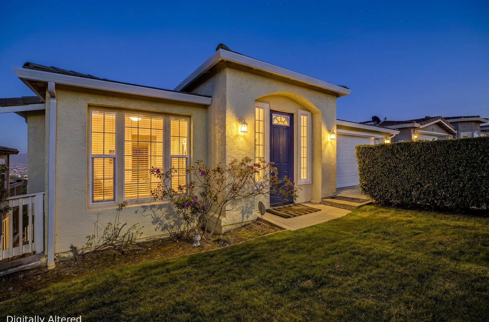 Daytime exterior converted to twilight, after