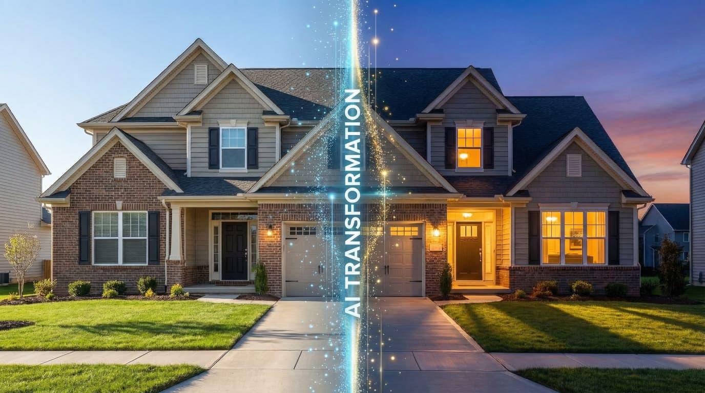 AI day to dusk conversion showing daytime exterior transformed to twilight with warm lights
