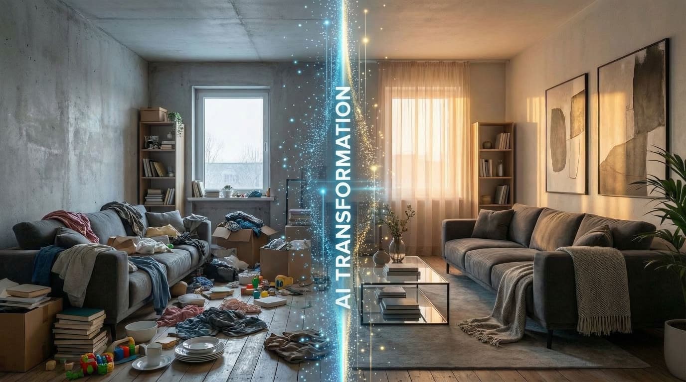 AI declutter tool removing personal items and furniture from real estate photo