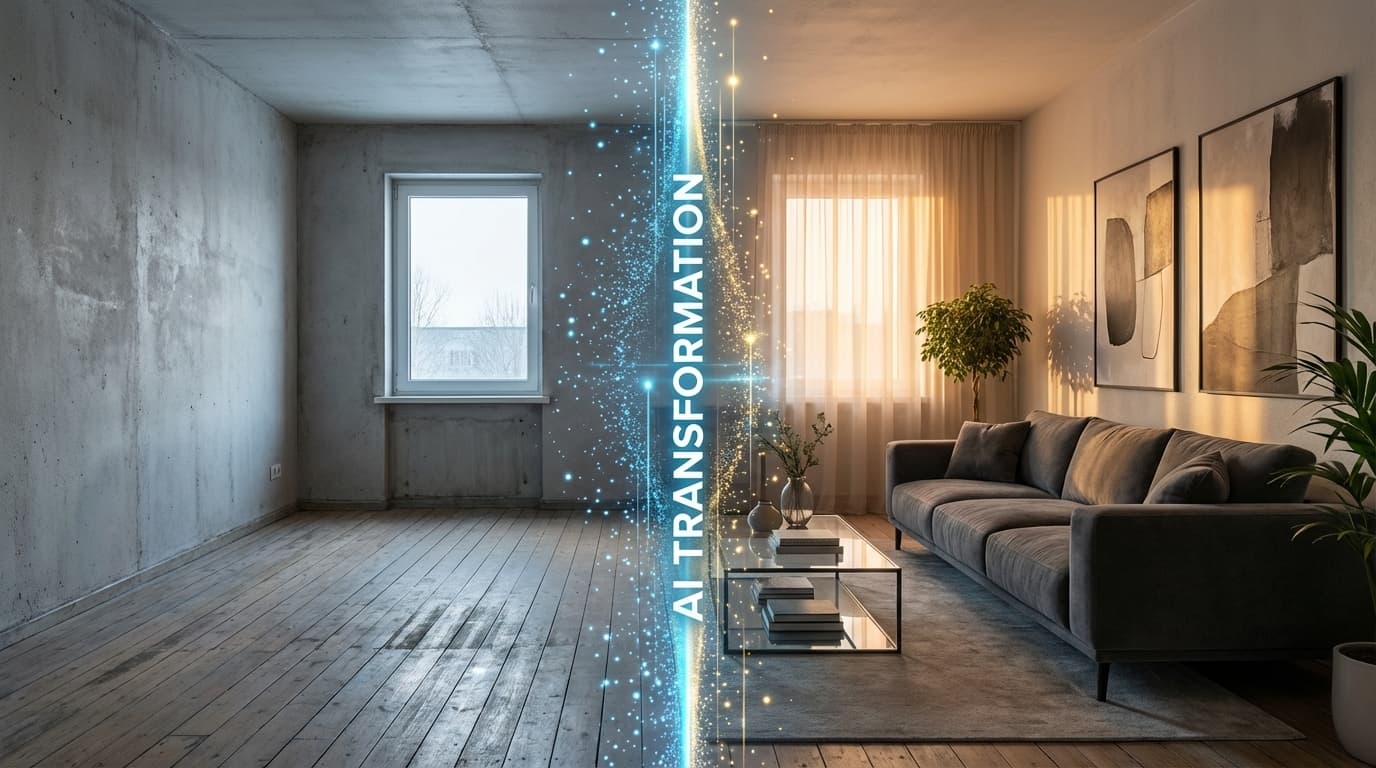 AI virtual staging showing empty room digitally furnished with modern furniture and decor