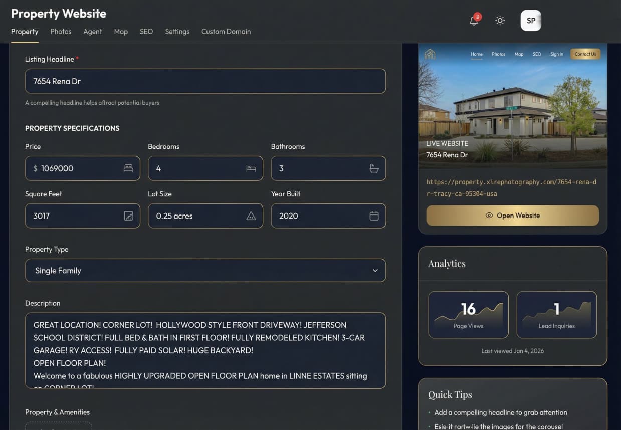 Single property website on laptop and mobile showing real estate listing with photos and details