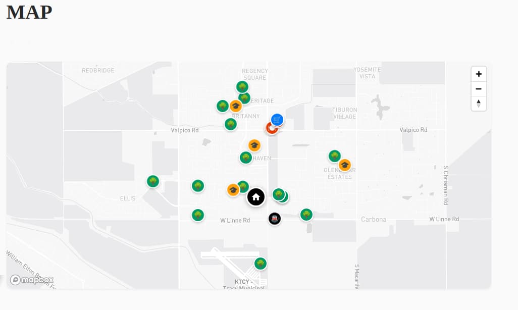 Neighborhood proximity map showing nearby schools restaurants parks and transit