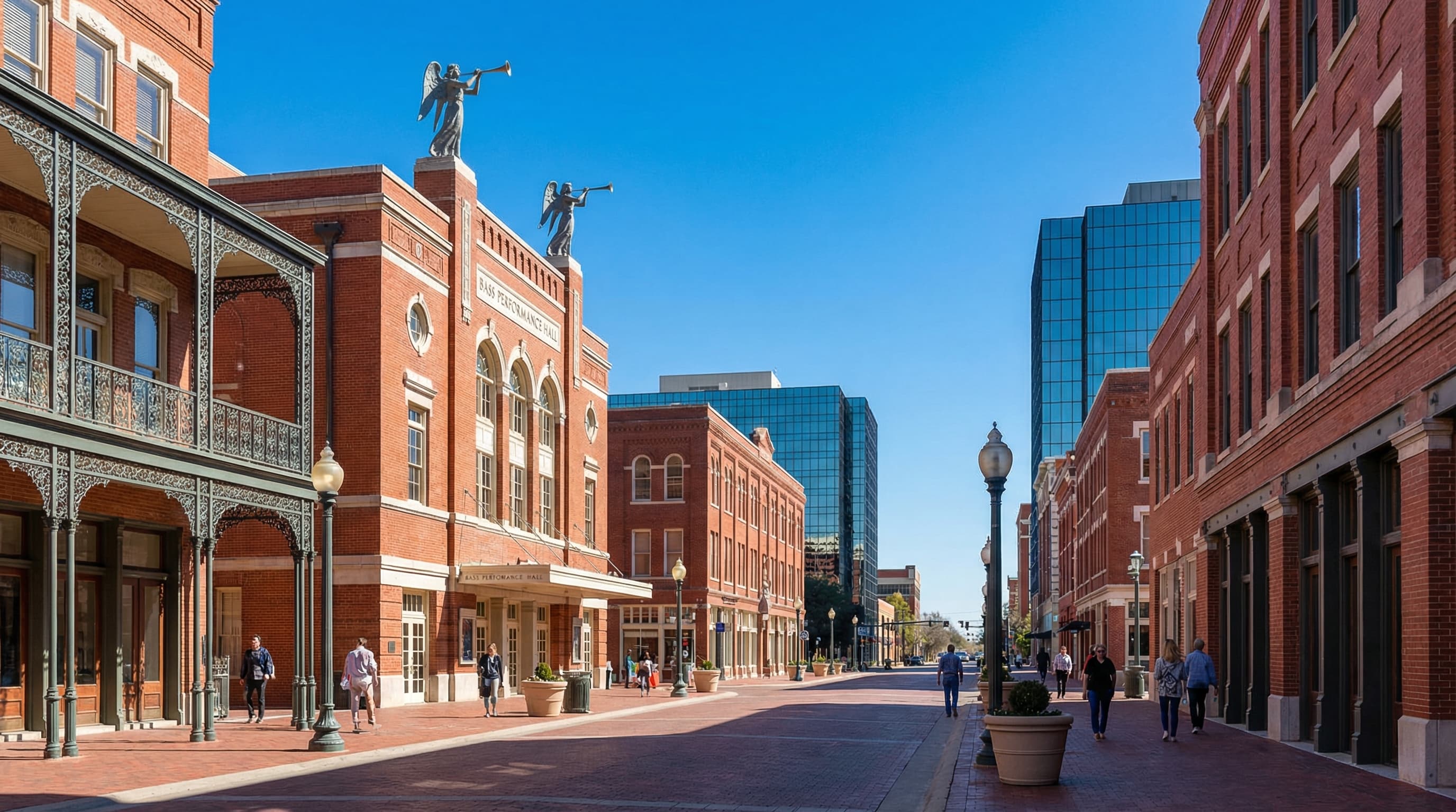 Fort Worth Texas Sundance Square downtown with historic Stockyards district and modern skyline