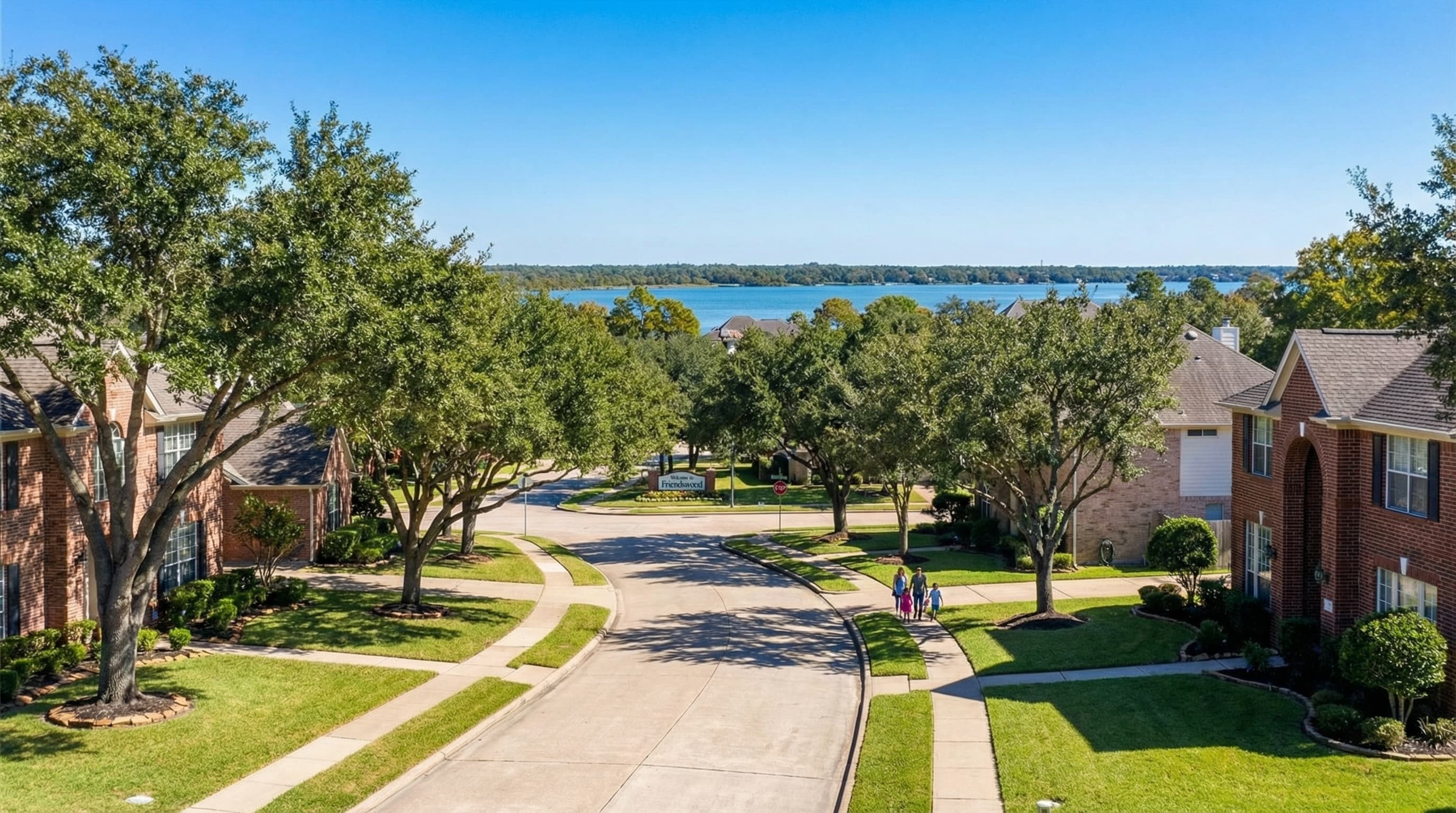 Friendswood Texas tree-lined neighborhoods with Clear Creek and Friendswood ISD schools