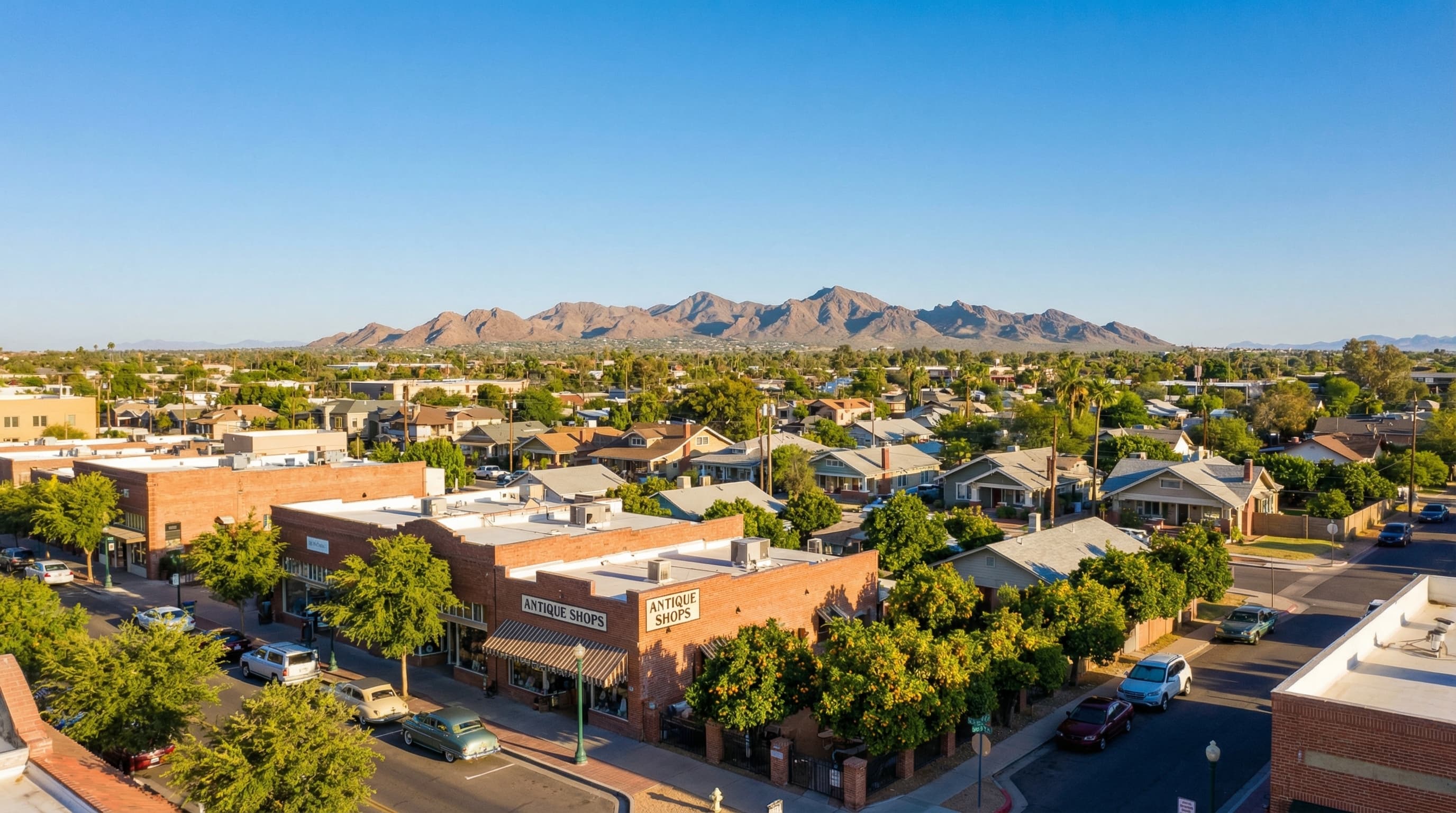 Historic Glendale Arizona downtown with antique shops and White Tank Mountains backdrop