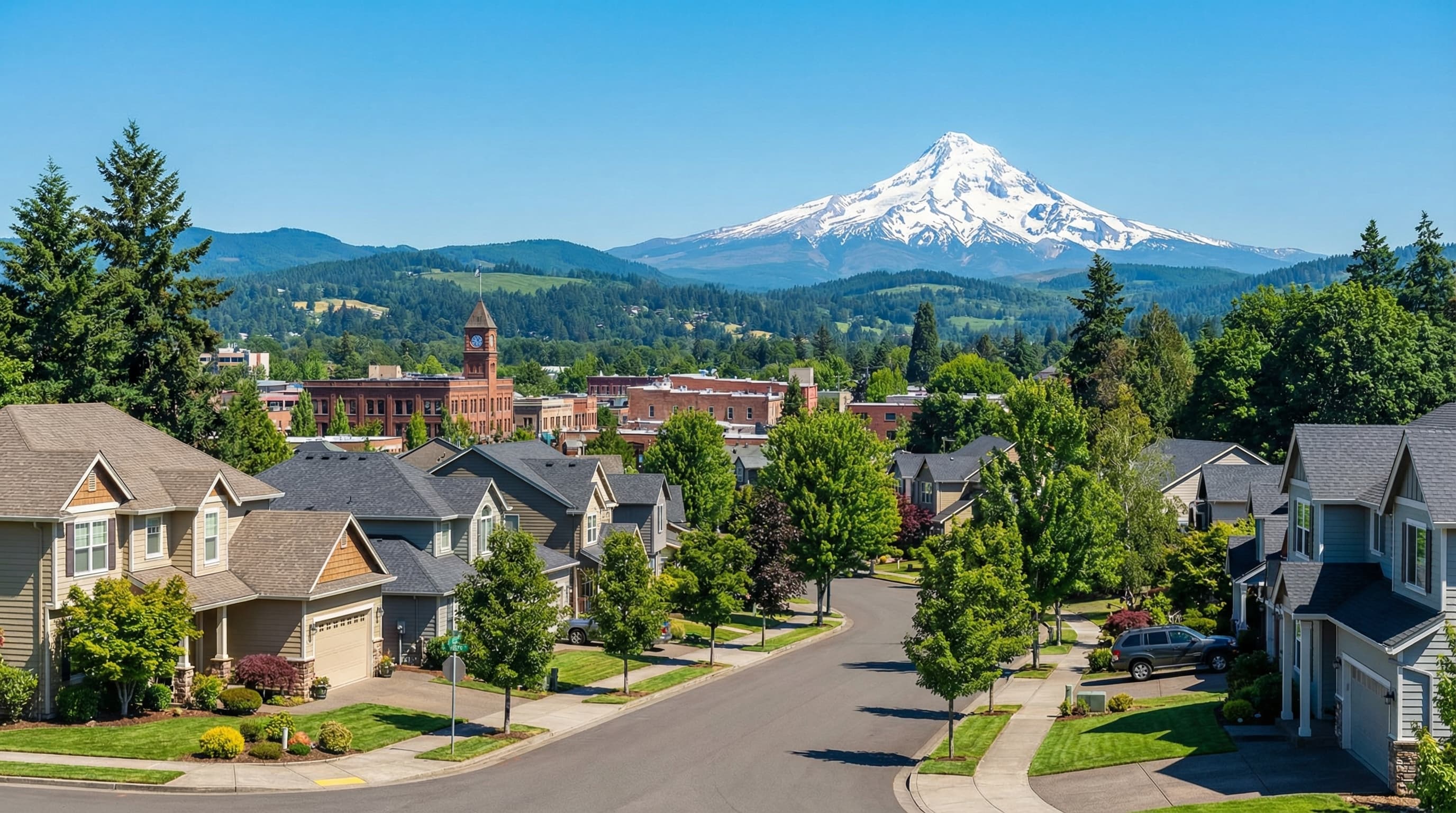 Gresham Oregon homes with Mount Hood views and Columbia River Gorge backdrop at sunset
