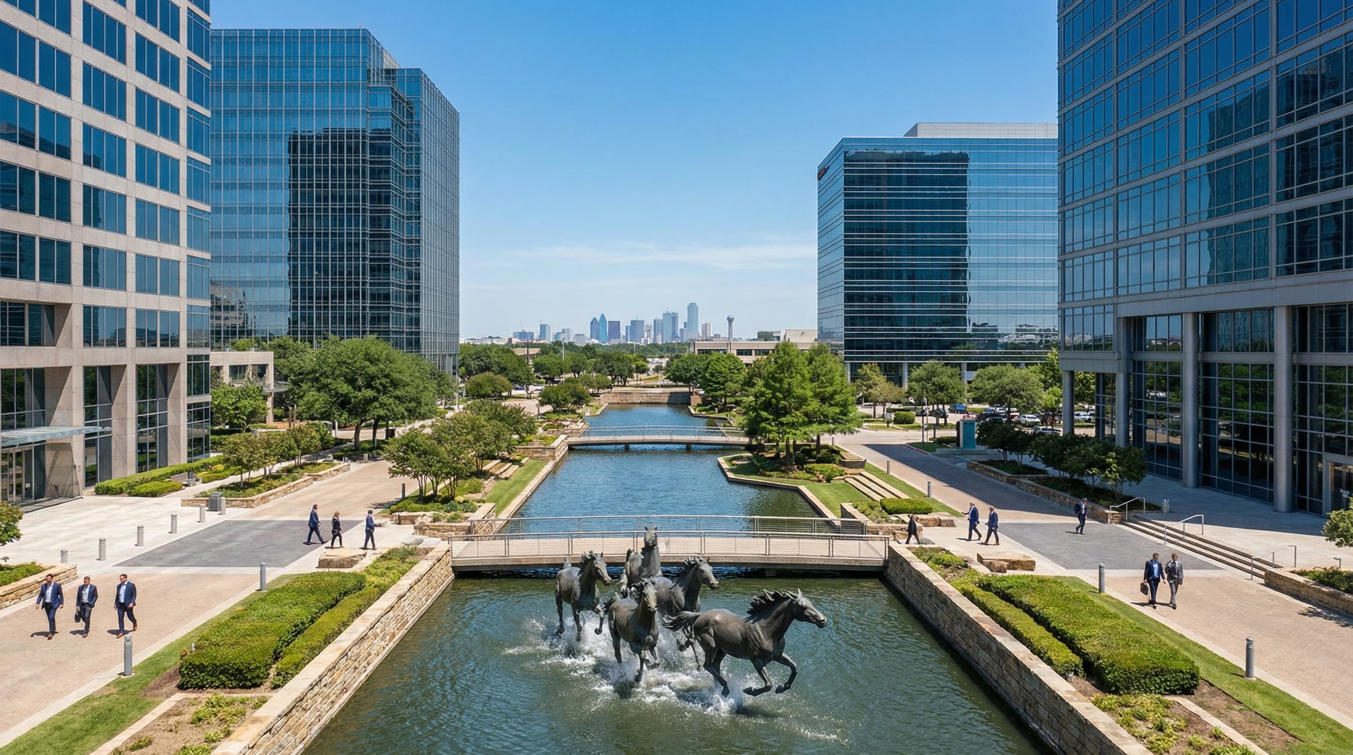Irving Texas Las Colinas Urban Center with Mustangs of Las Colinas sculpture and canal district