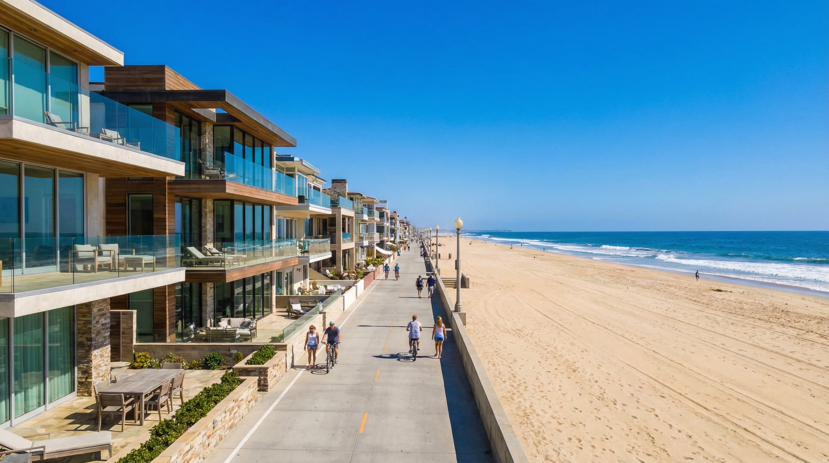 Prestigious Manhattan Beach California oceanfront homes along The Strand with pristine beach and Pacific Ocean
