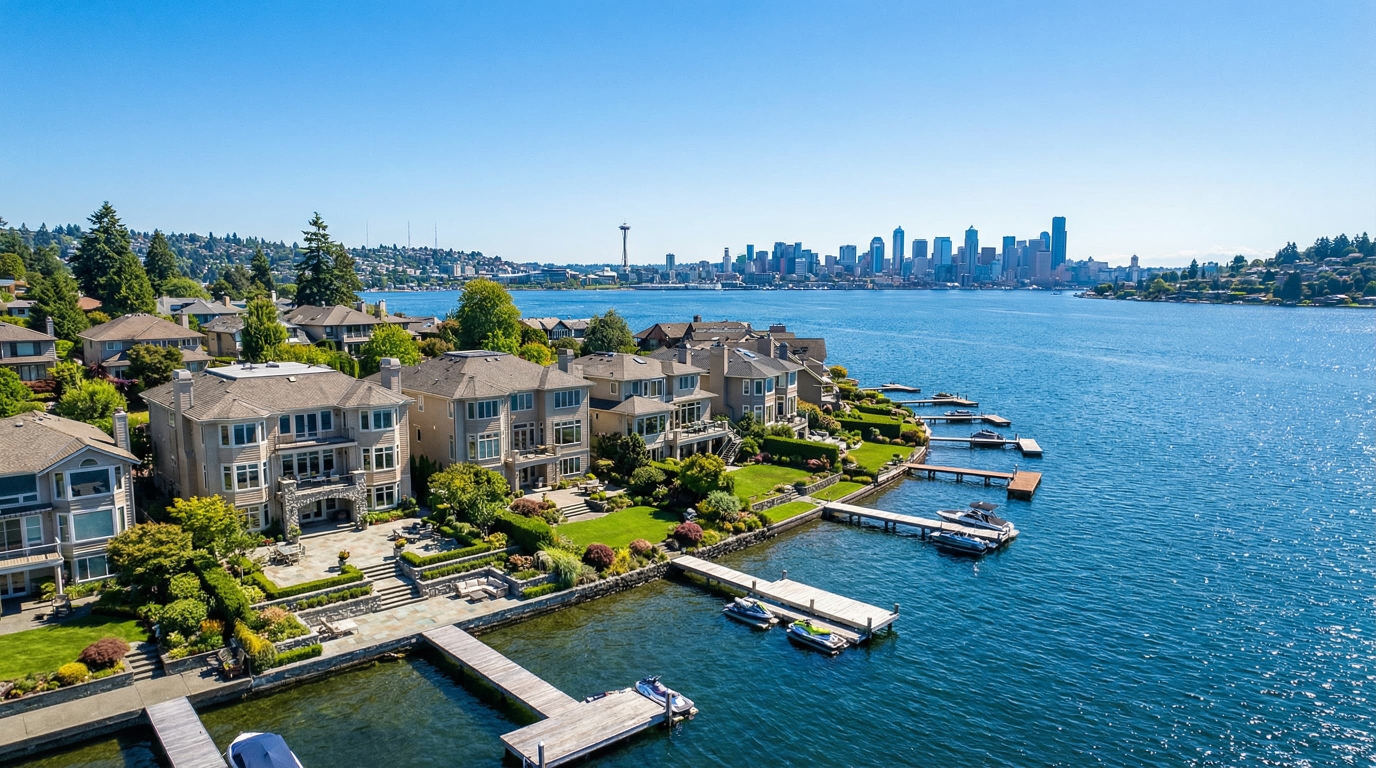 Mercer Island Washington exclusive Lake Washington community with waterfront estates, private docks, and Seattle skyline views