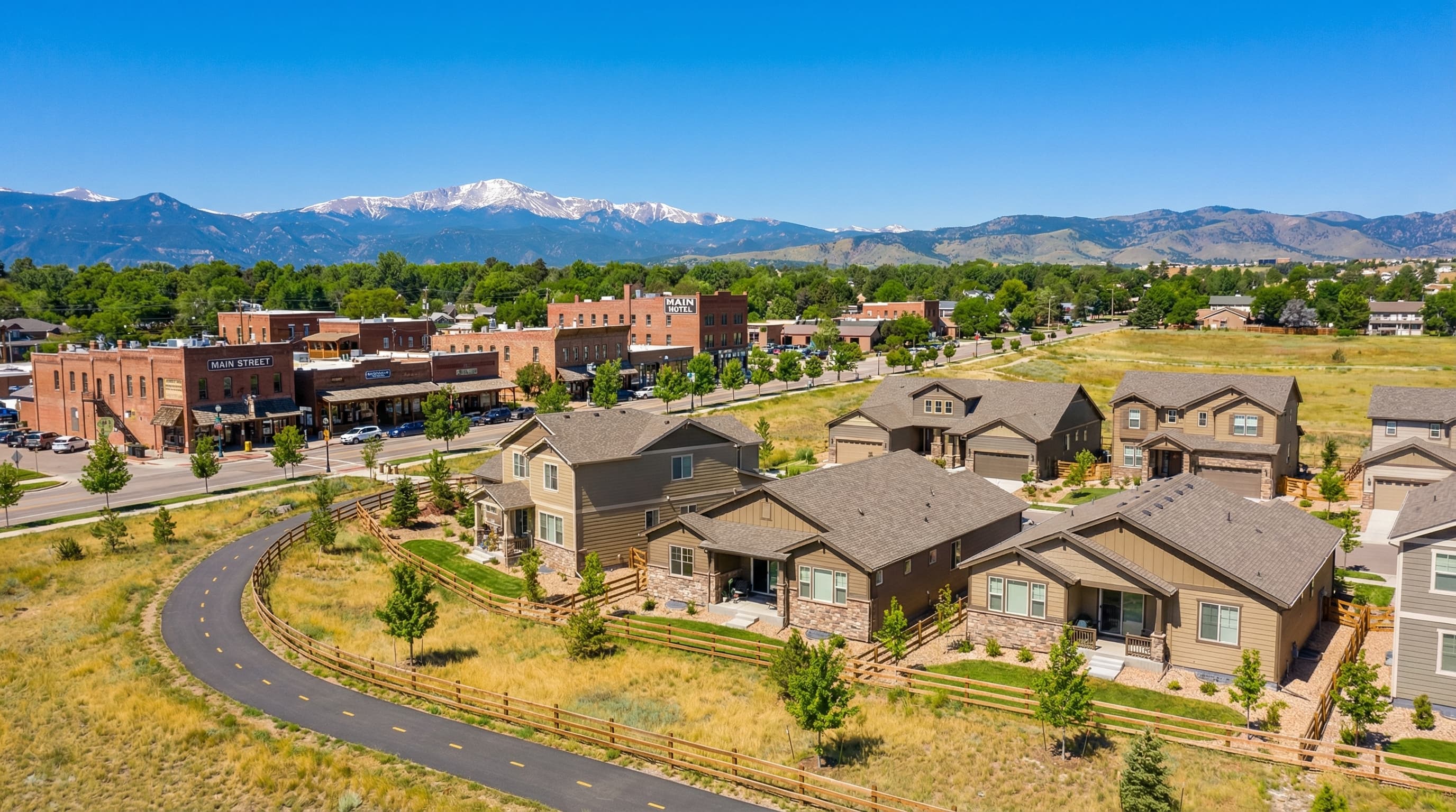 Parker Colorado family-oriented town with historic Mainstreet district, rolling prairie, and distant Rocky Mountain views
