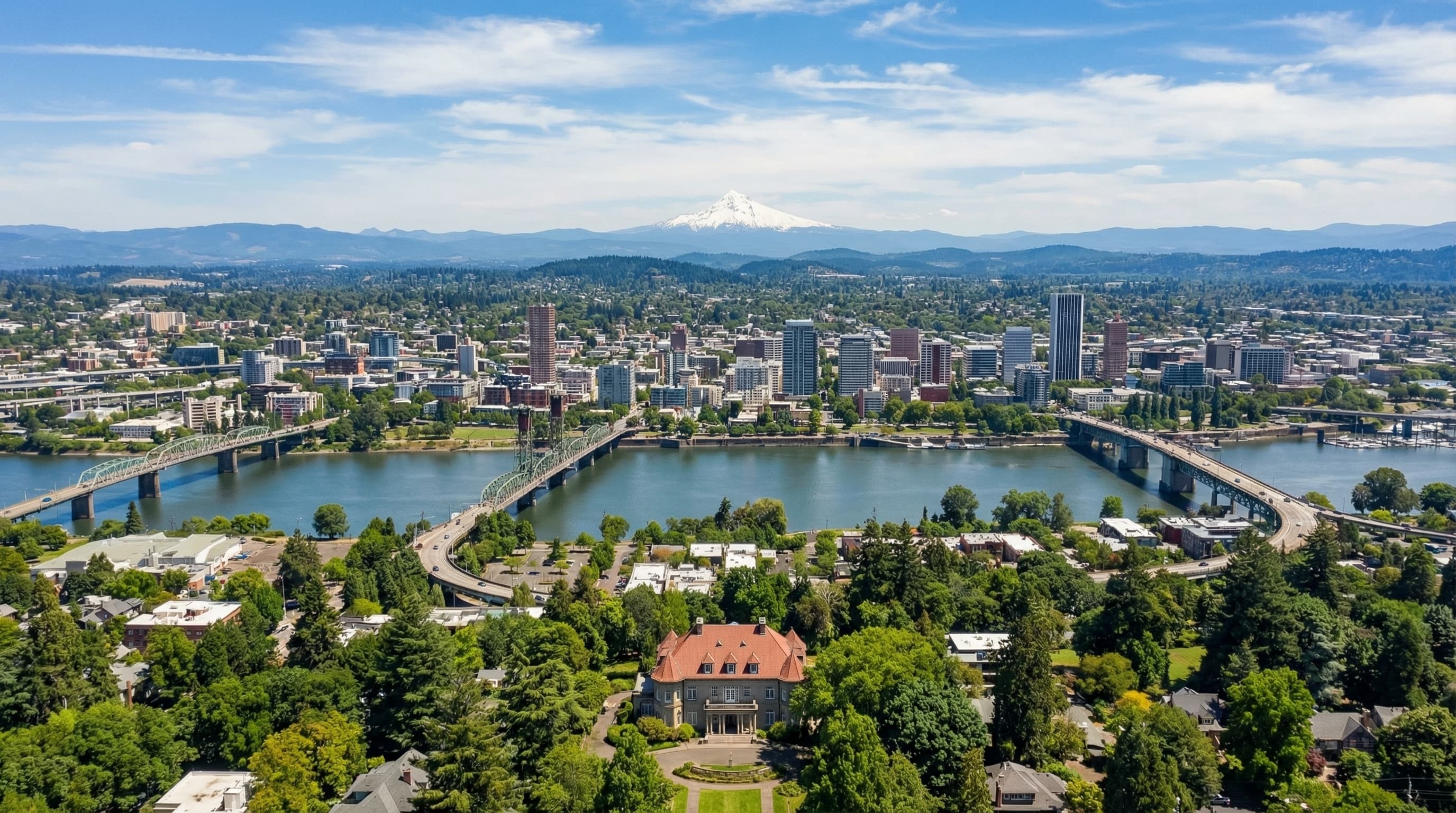 Aerial view of Portland Oregon skyline with Mount Hood, Willamette River, and iconic bridges at sunset