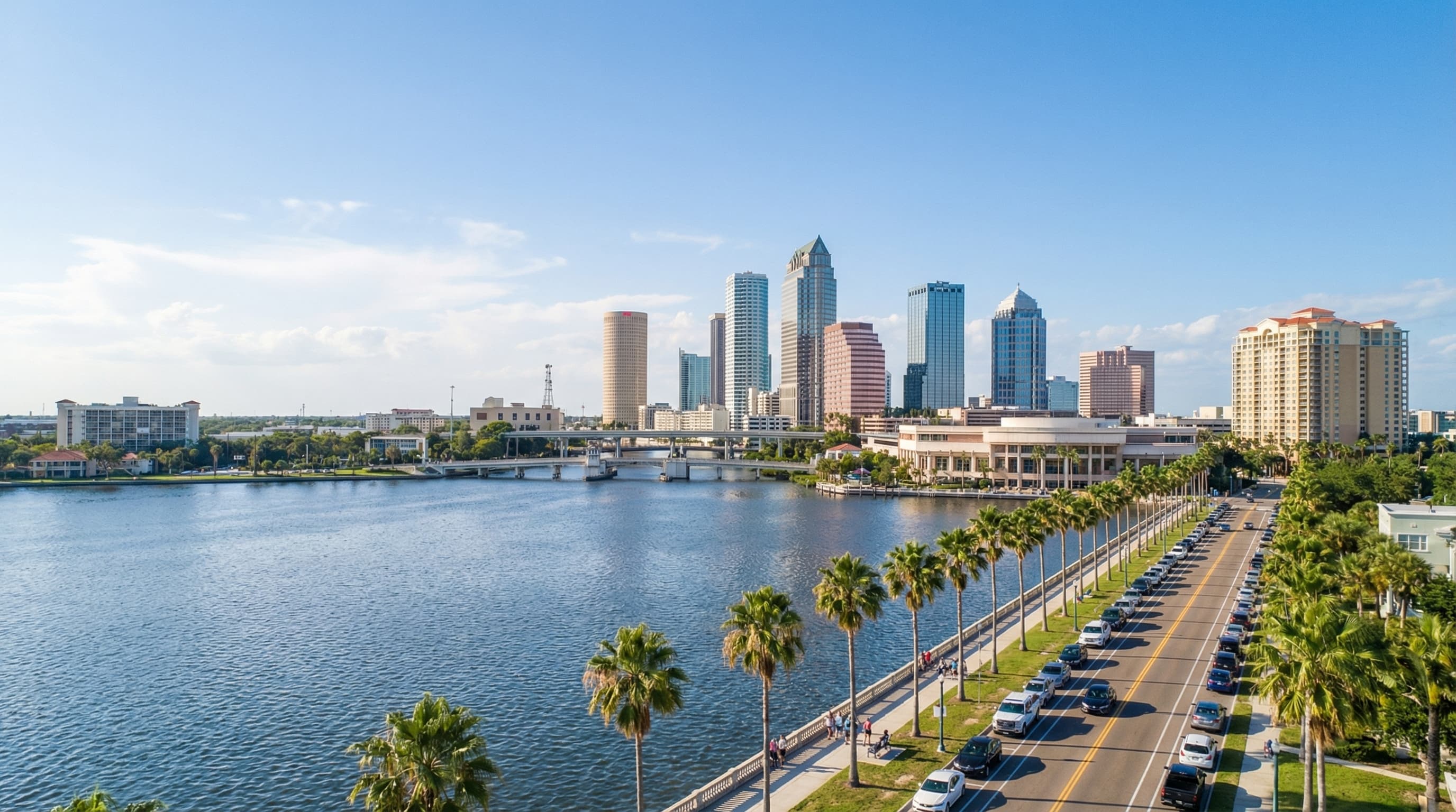 Aerial view of Tampa Bay Florida with downtown Tampa, St. Petersburg, and Gulf beaches at sunset