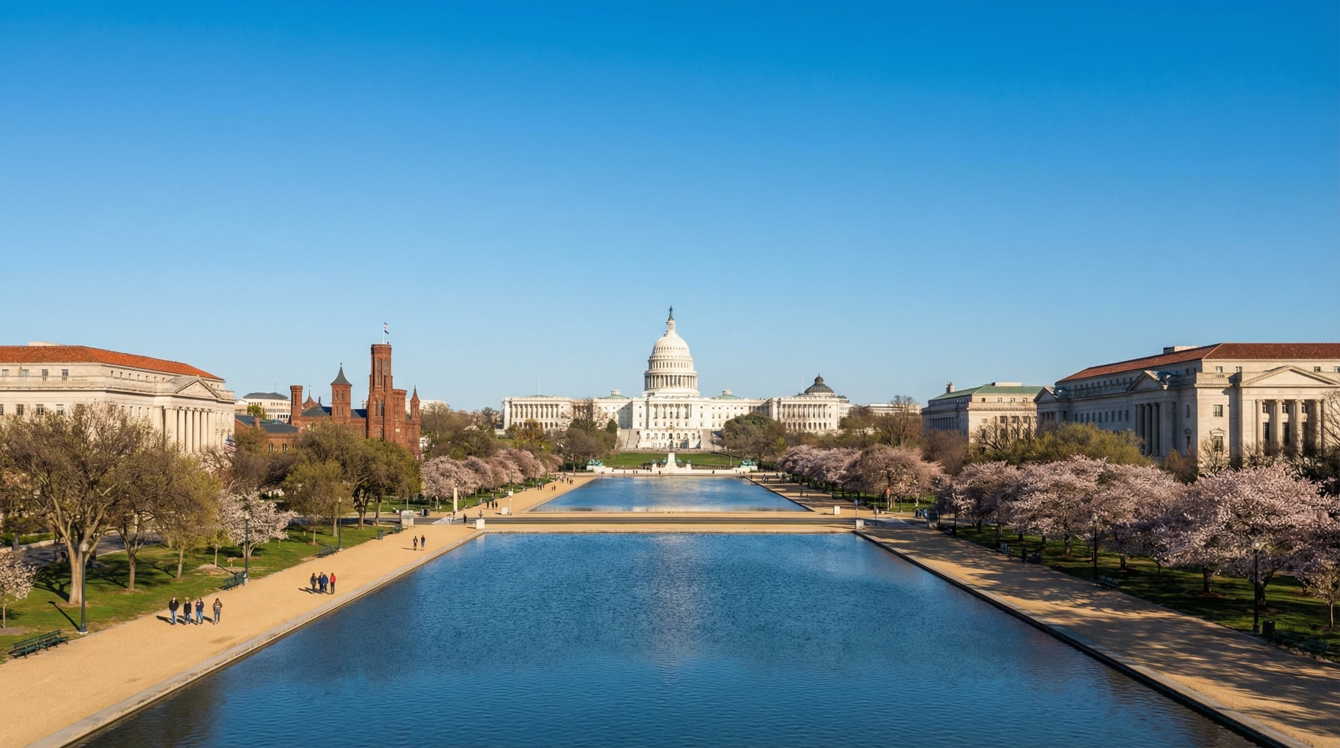 Washington DC skyline with Capitol dome, Washington Monument, and Georgetown waterfront at sunset
