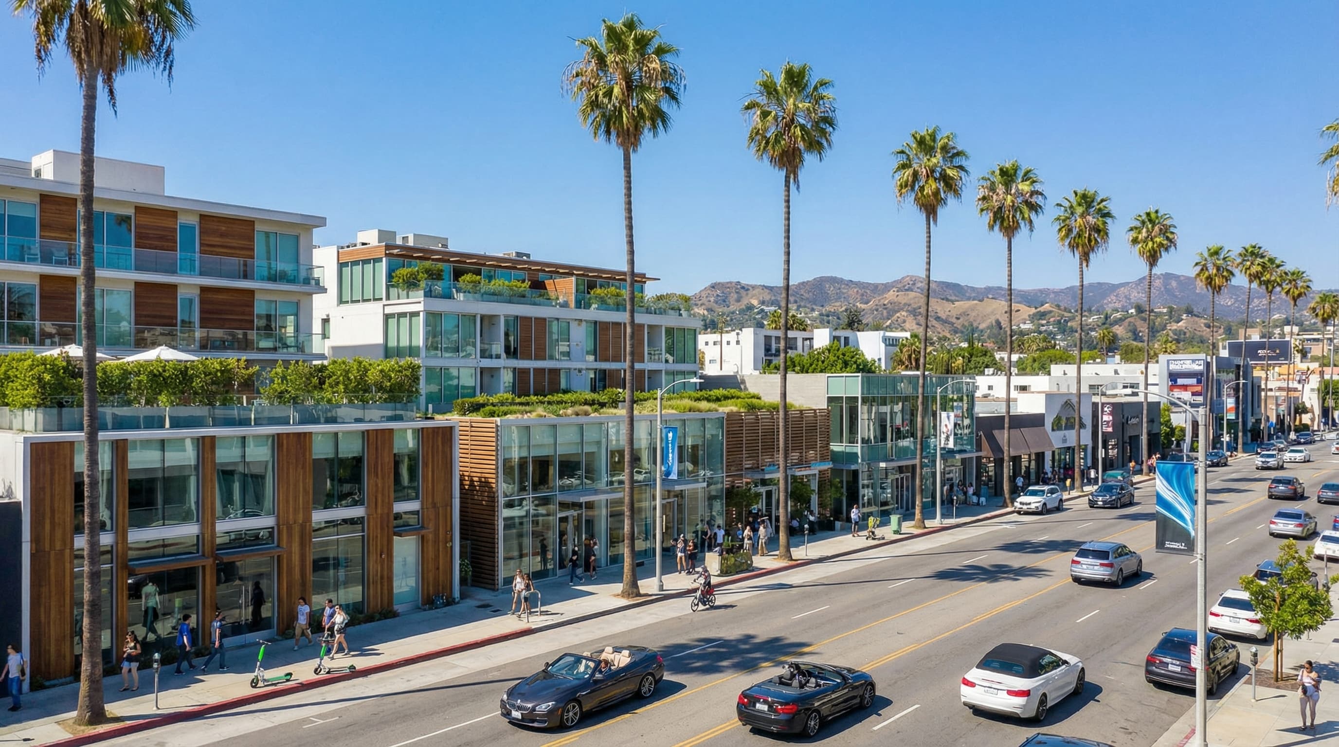 Trendy West Hollywood California urban streetscape with modern condominiums and iconic palm trees near Sunset Strip